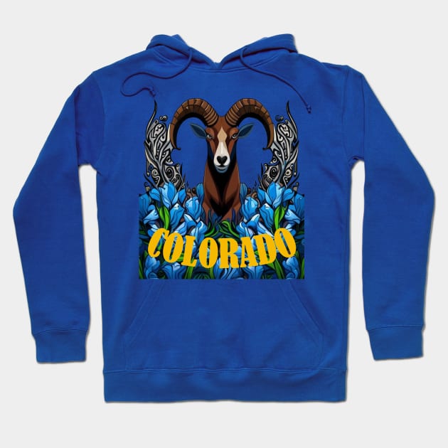 Colorado Bighorn Sheep With Blue Columbine Flowers Hoodie by taiche